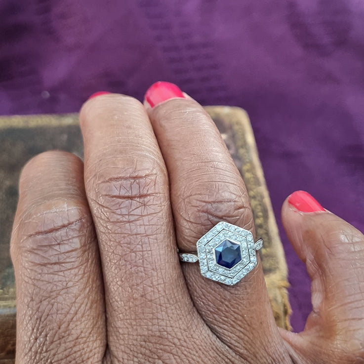 Art Deco 0.50ct Hexagonal Cut Sapphire and Diamond Cluster Engagement Ring in Platinum