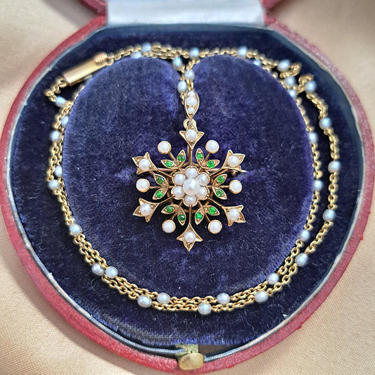 Victorian Antique Demantoid Garnet and Pearl Pendant Brooch