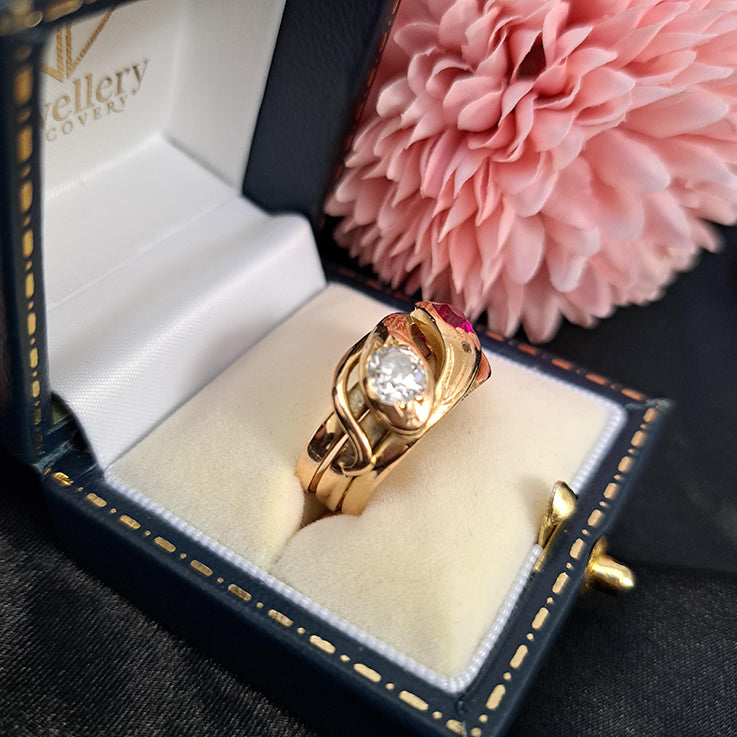 Antique Old Mine Cut Diamond and Ruby Set 18ct Yellow Gold Double Head Snake Ring