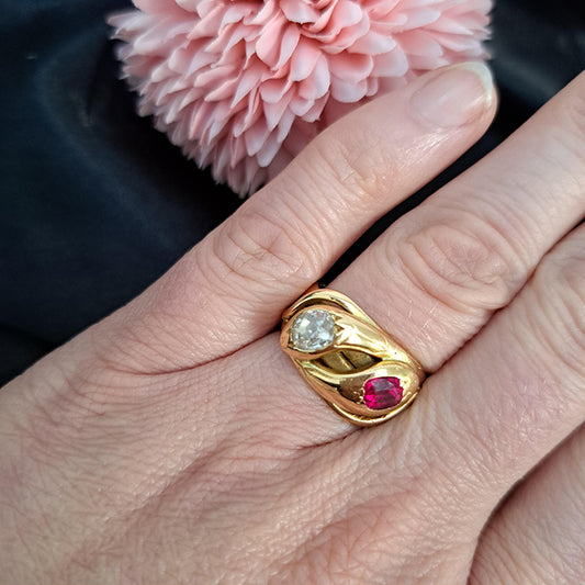Antique Old Mine Cut Diamond and Ruby Set 18ct Yellow Gold Double Head Snake Ring