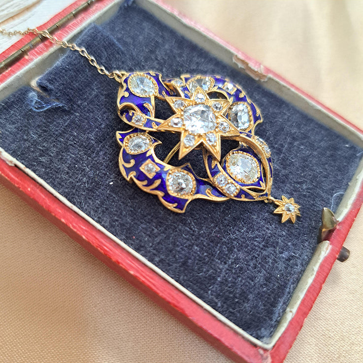 Victorian Antique 2.80ct Old Cut Diamond Blue Enamel and Gold Pendant Brooch