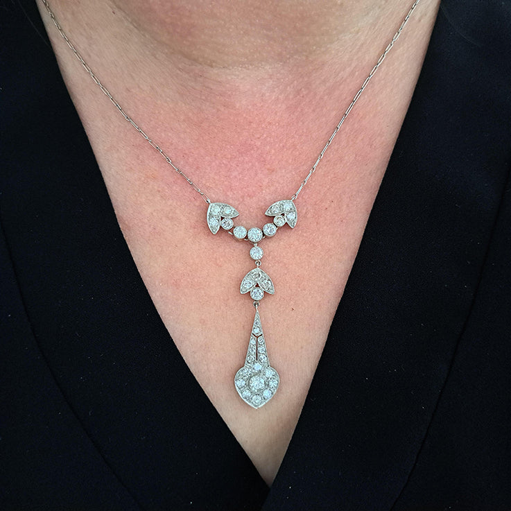 Fine Antique Diamond Cluster and Platinum Pendant Necklace