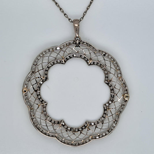 Vintage Rose Cut Diamond Scalloped Halo Cluster Pendant