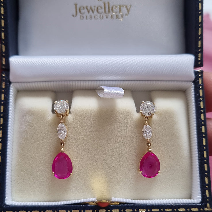 Pear Cut Natural Burma No Heat Ruby and Diamond Drop Earrings