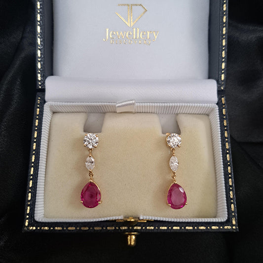 Certified 3.45ct Pear Cut Natural Burma No Heat Ruby and Diamond Drop Earrings in 18ct Yellow Gold