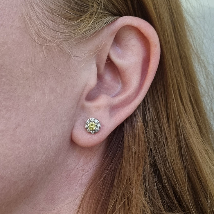 Yellow and White Diamond Cluster Stud Earrings