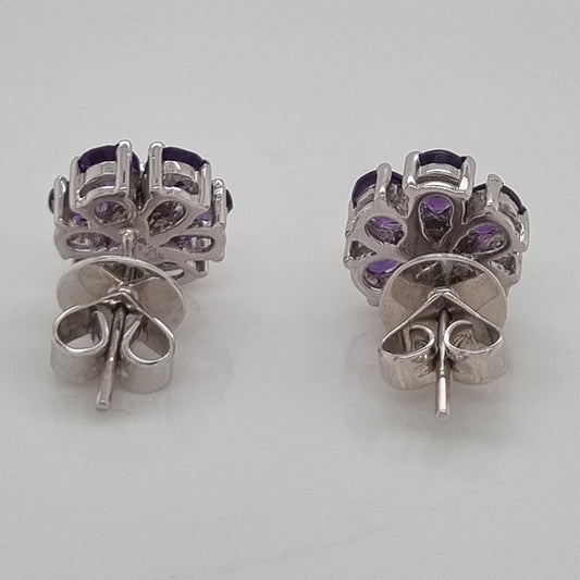 Amethyst and Diamond Flower Cluster Stud Earrings