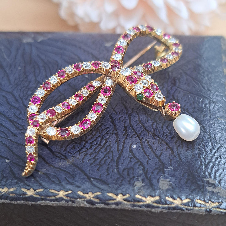 Antique Burma Ruby Diamond and Natural Pearl Snake Brooch
