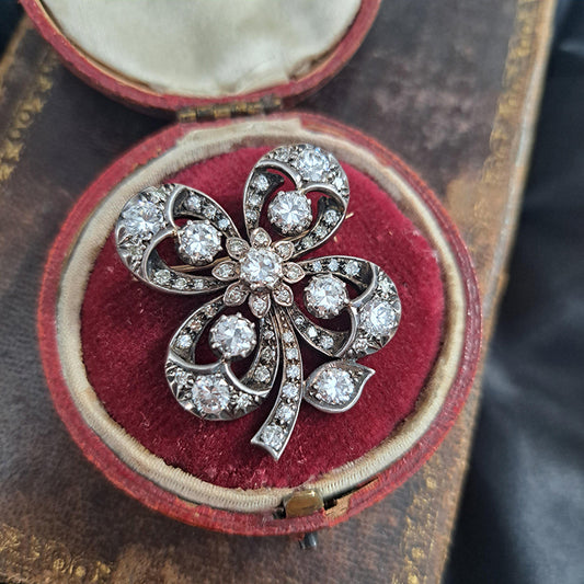 Antique 4ct Old Transitional Cut Diamond Lucky Four Leaf Clover Brooch