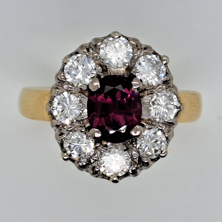 Vintage 1ct Ruby and Old Cut Diamond Cluster Ring