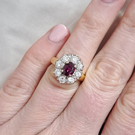 Vintage 1ct Ruby and Old Cut Diamond Cluster Ring
