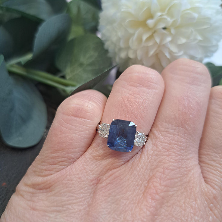 Cushion Sapphire and Diamond Three Stone Engagement Ring