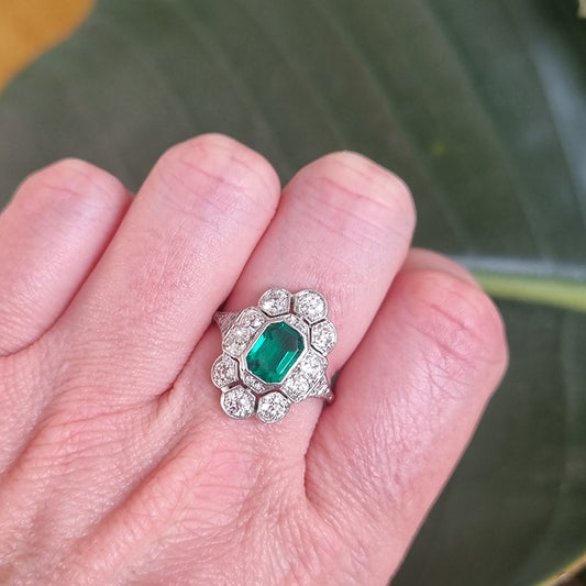 Art Deco 1ct Colombian Emerald and 2ct Old Cut Diamond Floral Cluster Ring in Platinum Circa 1920