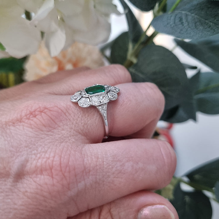 Art Deco 1ct Colombian Emerald and 2ct Old Cut Diamond Floral Cluster Ring in Platinum Circa 1920