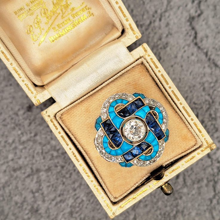 Antique Art Deco 0.80ct Old European Cut Diamond Turquoise Sapphire Cluster Cocktail Ring in Platinum