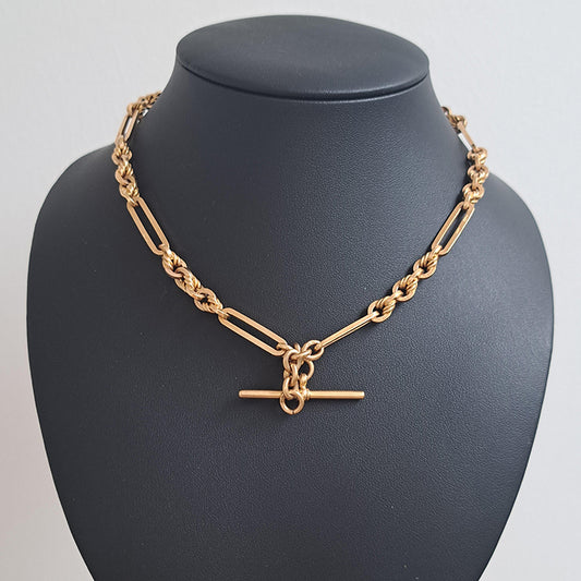 Antique 9ct Yellow Gold Fancy Trombone Link Albert Chain Necklace