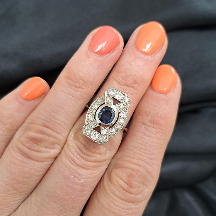 Late Art Deco Sapphire and Old Mine Cut Diamond Tablet Ring