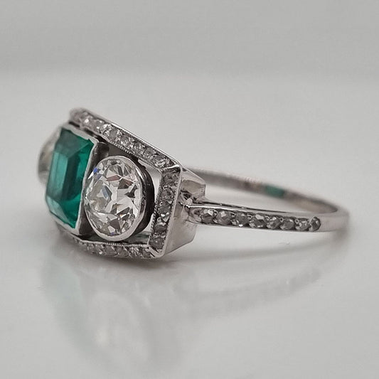 Edwardian Antique 1.40ct Emerald and 1.30ct Old Cut Diamond Three Stone Engagement Ring in Platinum