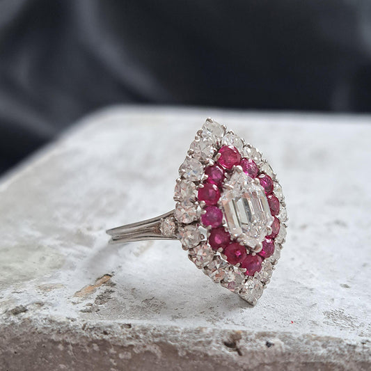 Vintage GIA Certified D Colour Diamond and Ruby Marquise Navette Cluster Ring in Platinum
