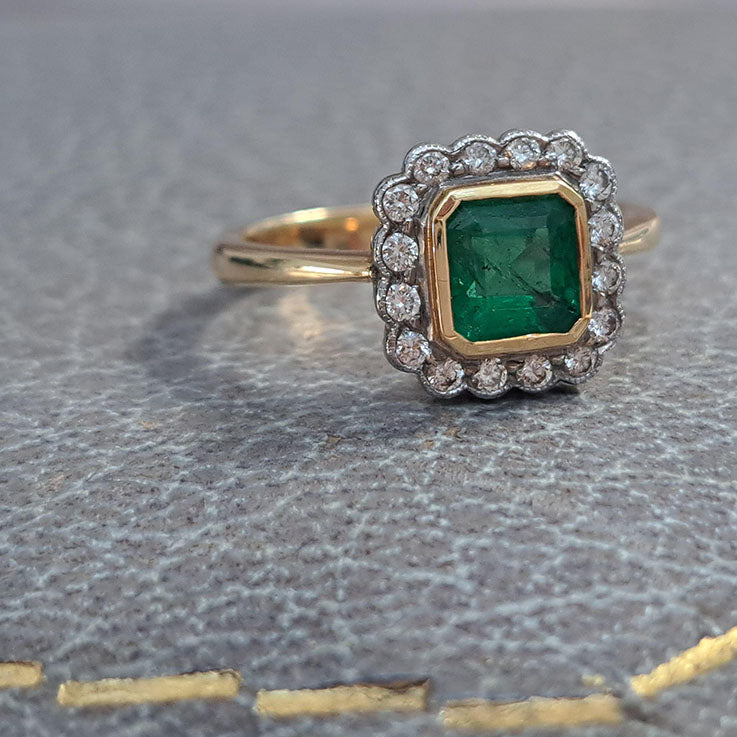 0.90ct Square Cut Emerald and Diamond Cluster Engagement Ring