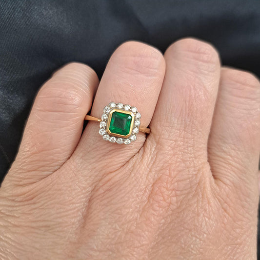 0.90ct Square Cut Emerald and Diamond Cluster Engagement Ring
