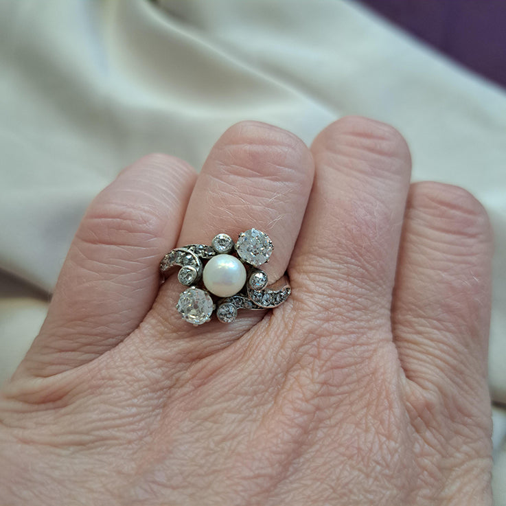 Antique Natural Pearl and Old Cut Diamond Three Stone Crossover Ring