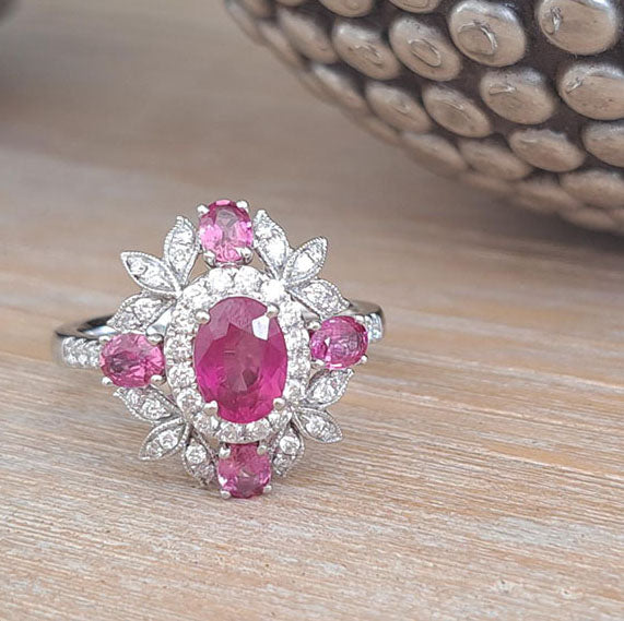 Certified 1.19ct Natural No Heat Mozambique Ruby and Diamond Cluster Ring in Platinum