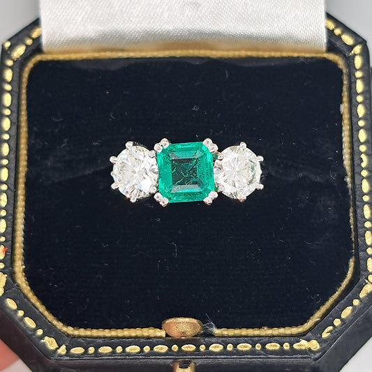 Certified 1.30ct Colombian Emerald and Diamond Three Stone Engagement Ring