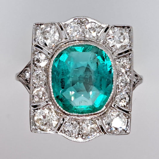 Art Deco 3.14ct Colombian Emerald and 1.45ct Old Cut Diamond Cluster Dress Plaque Ring in Platinum