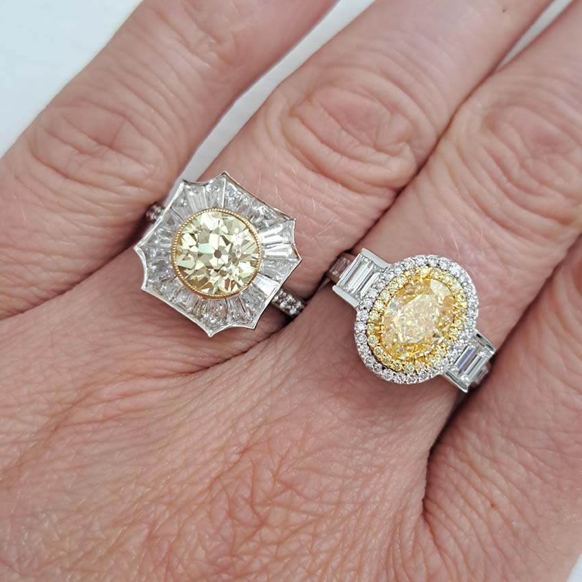 GIA Certified 2.03ct Fancy Yellow Diamond and Baguette White Diamond Cluster Ring