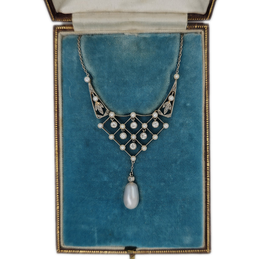 Belle Epoque Diamond and Natural Pearl Pendant Necklace
