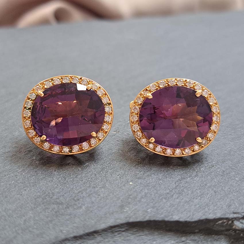 Amethyst and Diamond Halo Cluster Stud Earrings, oval purple amethysts surrounded by halos of sparkling diamonds in 18ct yellow gold