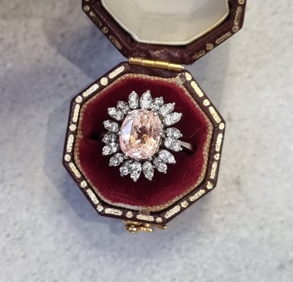 vintage padparadscha sapphire and diamond cluster engagement ring in 18ct white gold