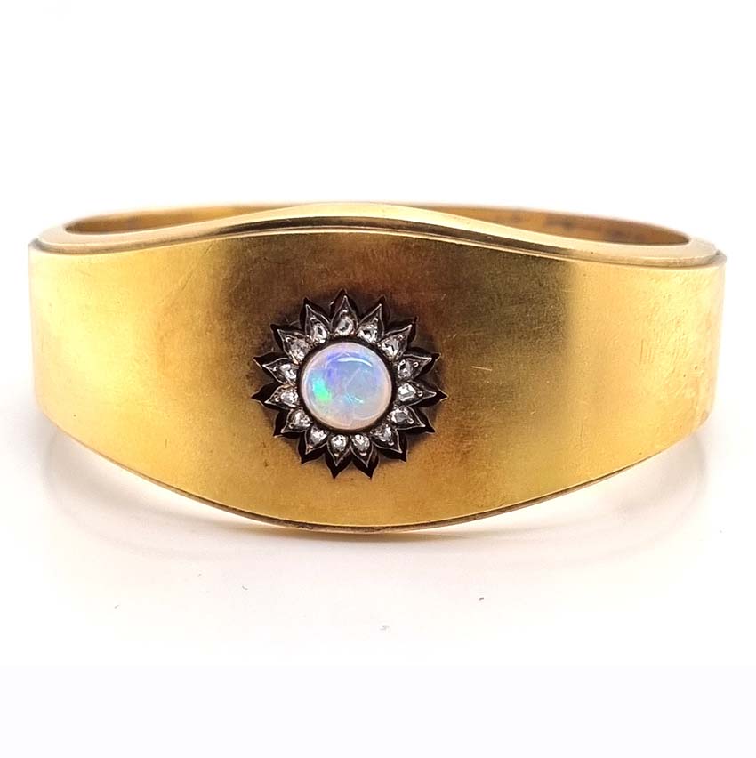 Antique Victorian Opal and Diamond Cluster Gold Bangle Bracelet, mid 19th century Victorian Swedish antique 18ct yellow gold bangle bracelet with opal and diamond cluster in original antique fitted box