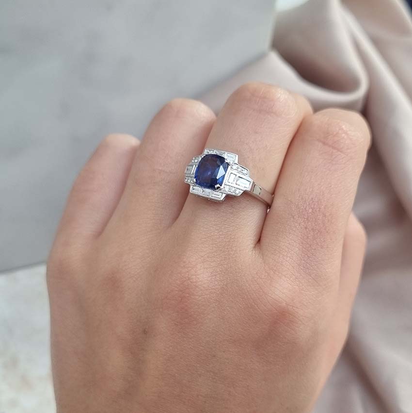 Art Deco Style 1.58ct Sapphire and Diamond Cluster Engagement Ring in 18ct White Gold