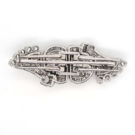 Art Deco 2.4ct Diamond Double Clip Brooch, geometric scrolled design set with 2.40 carats of single-cut, eight-cut and baguette-cut diamonds in platinum to later 14ct white gold pin