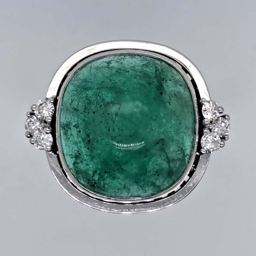 9ct Cabochon Emerald Ring with Diamonds in 18ct White Gold