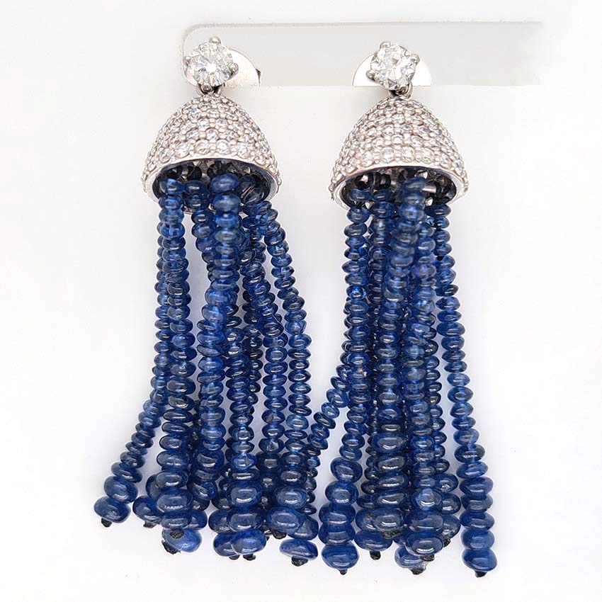Vintage Sapphire Bead Fringe Drop Earrings with Diamonds, multiple strands of sapphire beads lead to diamond-set caps suspended from 0.3ct diamond solitaire tops in 18ct white gold