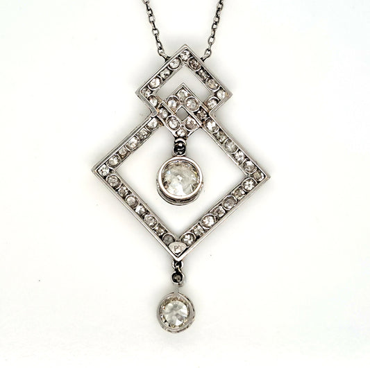 Art Deco 3.5ct Old Cut Diamond Pendant in Platinum, 3.50 carats of old European transitional cut diamonds set in entwined oblique squares. Circa 1920s