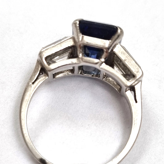 Art Deco 3.20ct Natural Ceylon Sapphire and 1.50ct Diamond Three Stone Trilogy Engagement Ring in Platinum