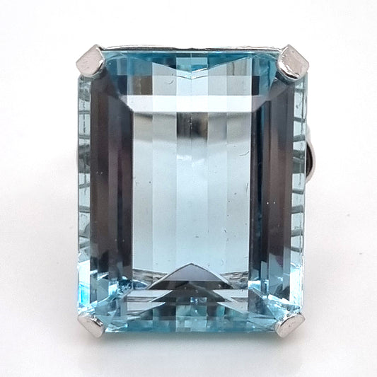 Art Deco 23.18ct Emerald Cut Aquamarine Solitaire Cocktail Ring in Platinum