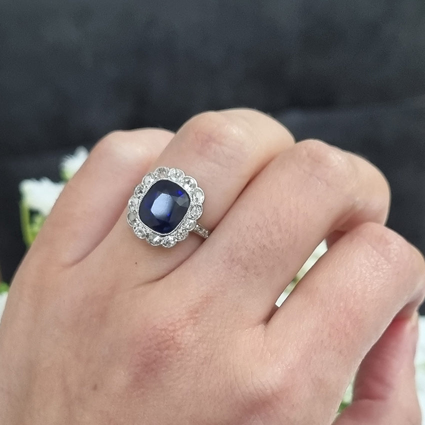 Art Deco 3ct Natural No Heat Sapphire and Diamond Cluster Ring