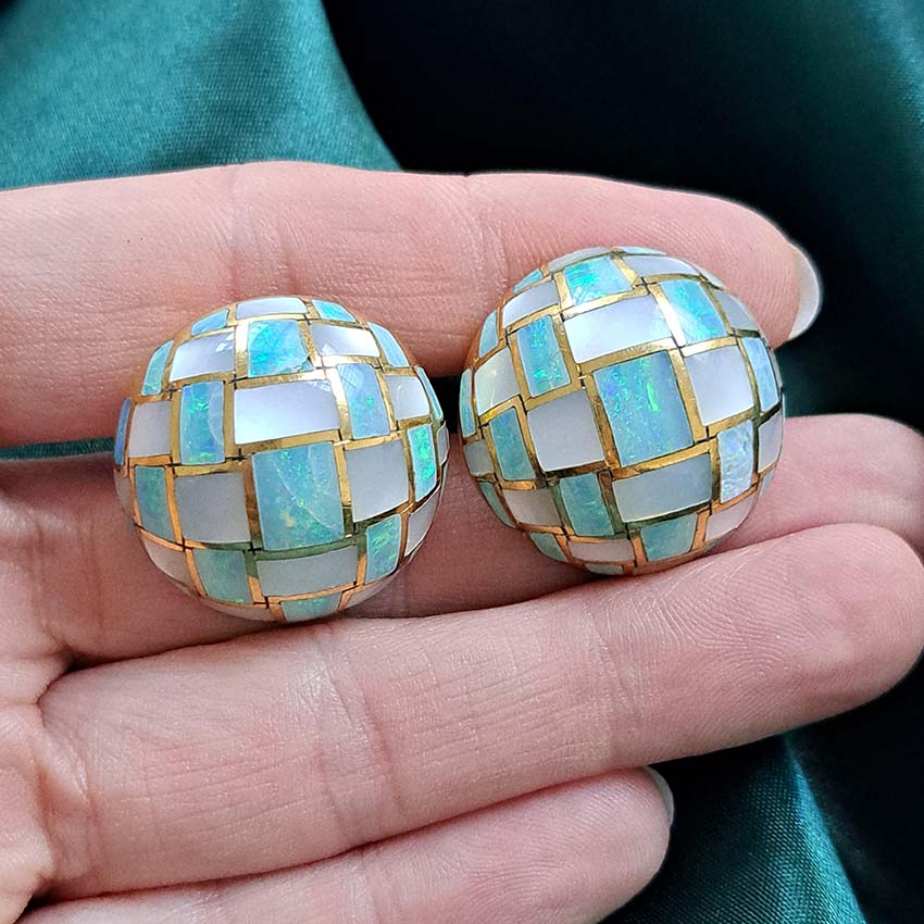Tiffany and Co Opal and Mother of Pearl Set 18ct Yellow Gold Domed Disc Earrings with post and clip fittings