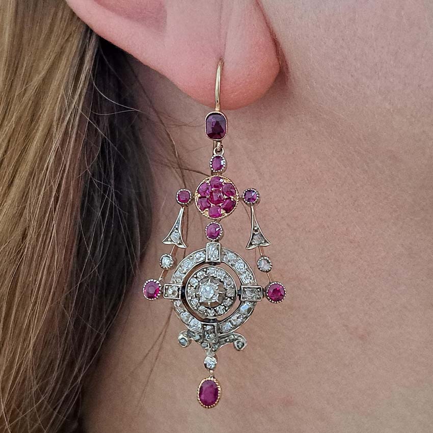 Victorian Antique Ruby and Old Cut Diamond Drop Earrings