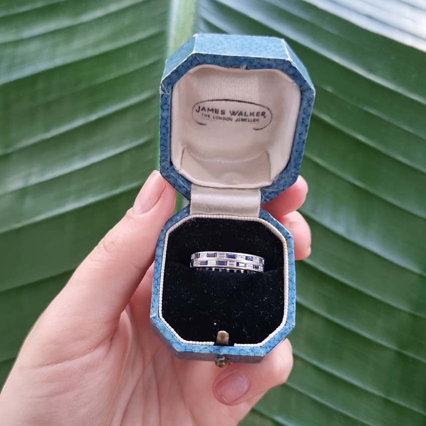 Art Deco Sapphire and Diamond Two Row Chequerboard Full Eternity Band Ring