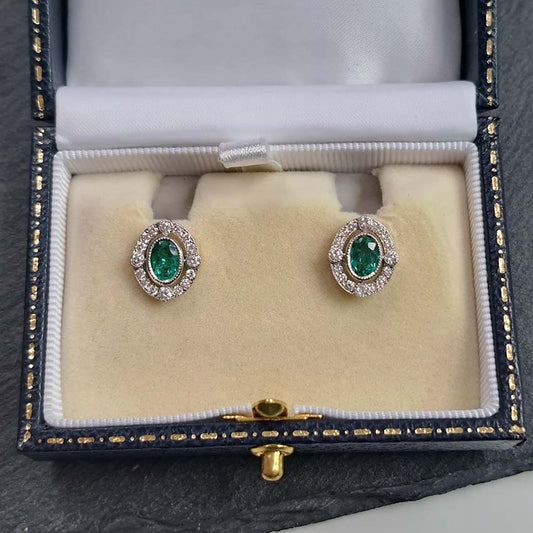 18 Carat Yellow and White Gold Emerald and Diamond Cluster Stud Earrings