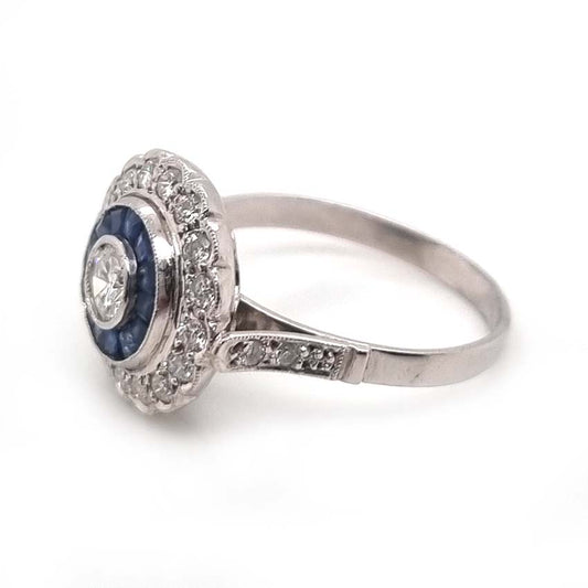 Diamond and Sapphire Target Cluster Engagement Ring