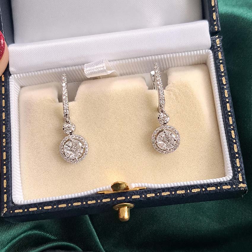 Diamond Cluster Drop Earrings in 18ct Gold, 1.42 carats