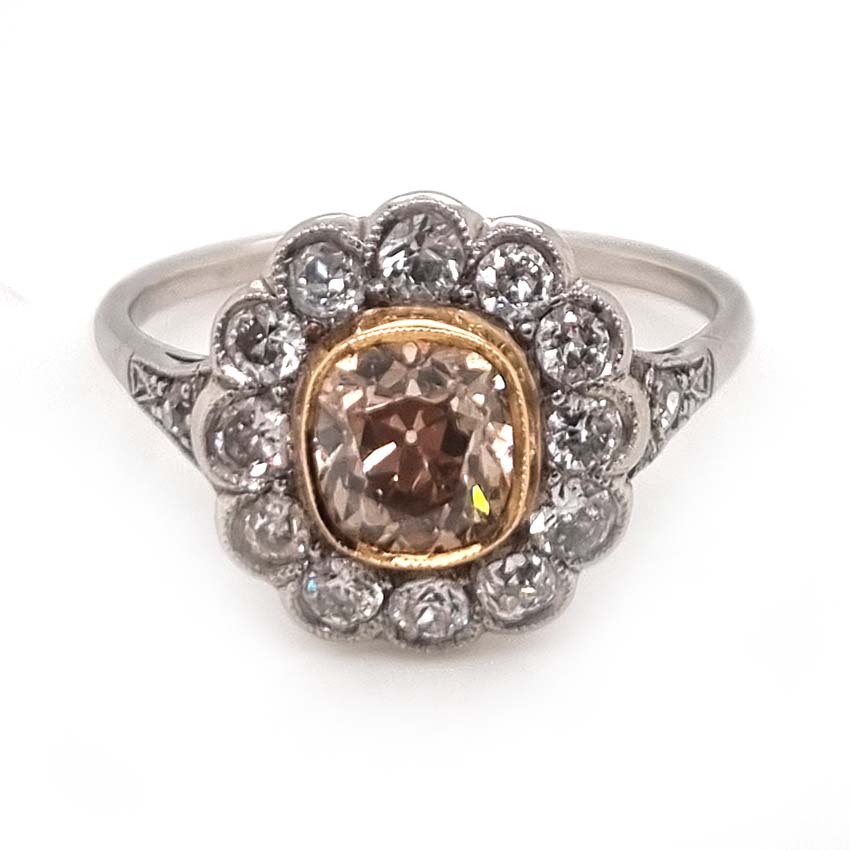 Antique Old Cut Champagne Diamond Cluster Engagement Ring