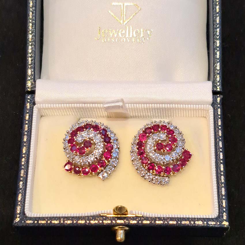 Vintage Italian Burma Ruby and Diamond Swirl Cluster Earrings, predominately no heat unheated untreated